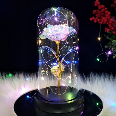 跨境聖誕節裝飾爆款禮物LED燈玻璃罩擺件金箔玫瑰花禮盒永生玫瑰