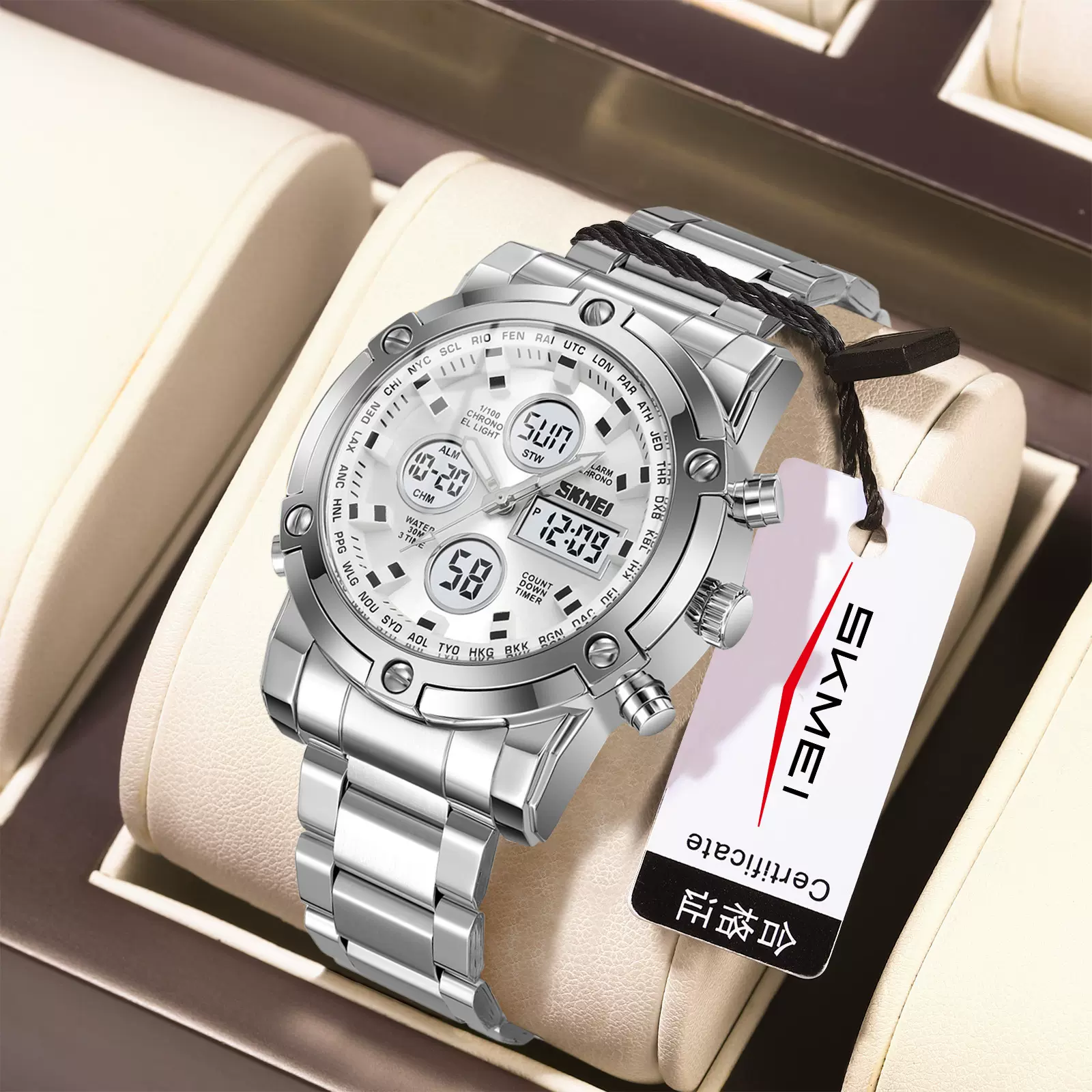 skmei时刻美双显电子表多功能钢表带大表盘三时间男士防水手表