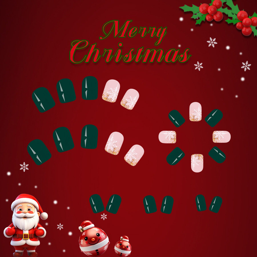 Kısa parlak kare zırh 2024 yeni Noel degrade kar tanesi koyu yeşil çıkarılabilir giyilebilir tırnak çıkartmaları 24 parça_voghion.com