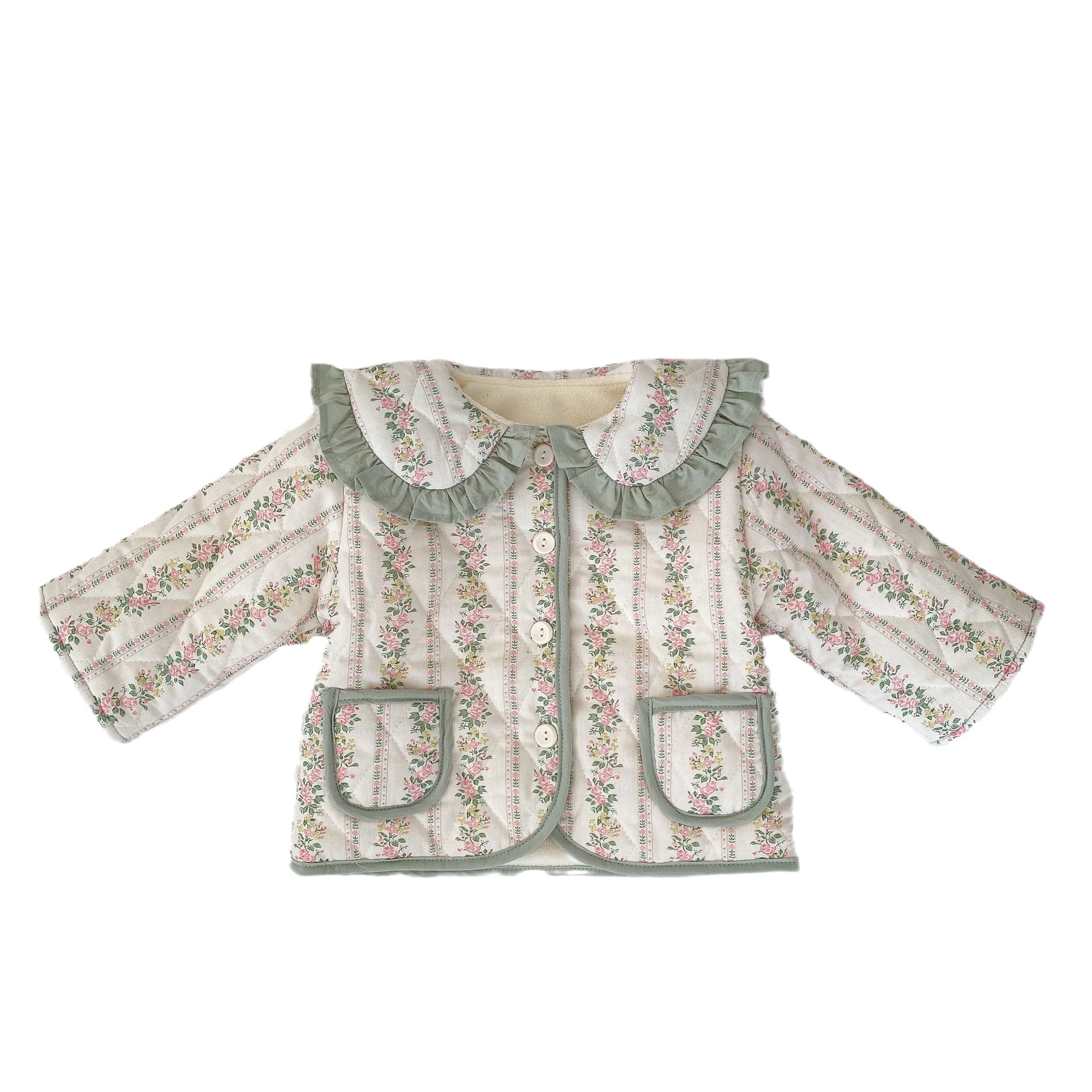INS invierno Niña de lana forrada de algodón acolchado chaqueta infantil niños estilo pastoral floral solapa engrosada de manga larga de algodón acolchado abrigo