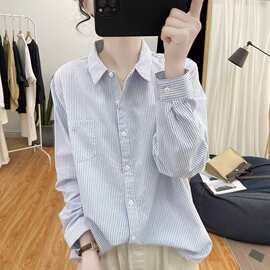 春装精品纯棉polo领条纹长袖衬衫女复古减龄上衣2025新款打底衬衣