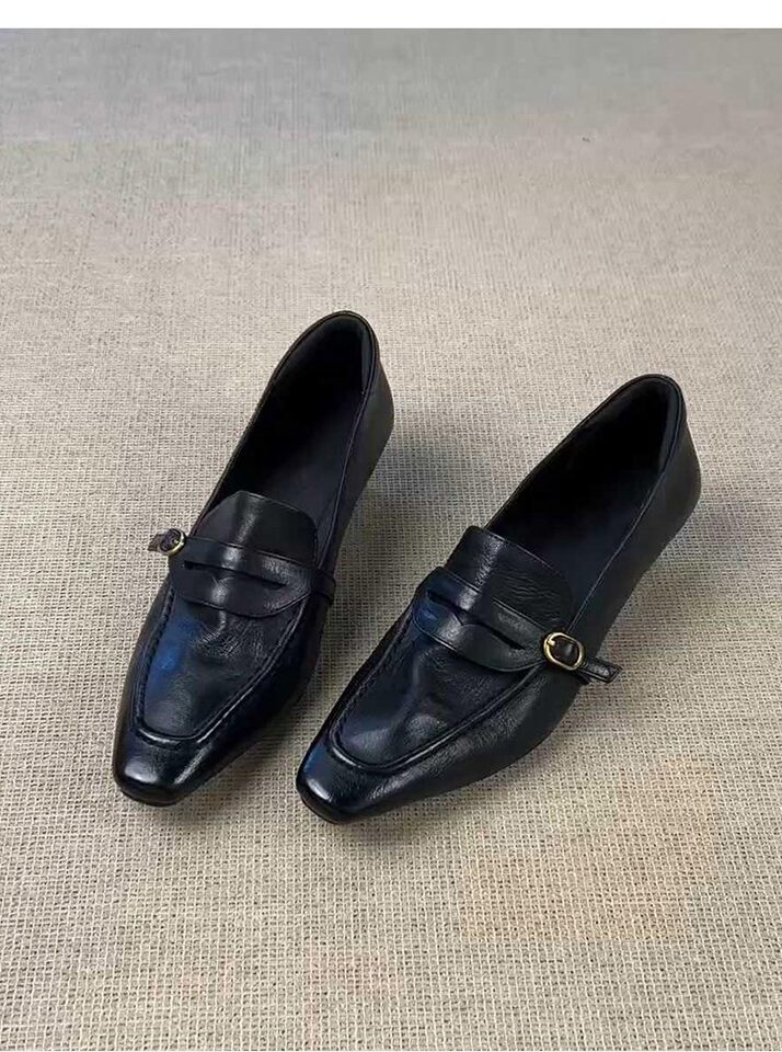 Giày lười nữ da bò mũi vuông gót thô 4 cm phong cách retro, khóa cài, giày công sở xỏ chân — Màu nâu (4cm) hàng có sẵn, Màu đen (4cm) hàng có sẵn chi tiết 3
