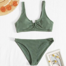 新款欧美外贸女士泳装纯色分体V字托比基尼套装泳装bikini