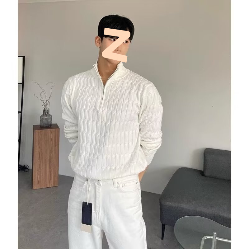 Autumn Half Zip Stand Collar Knitting Sweater Men's Fashion Fried Dough Twists Long Sleeve Sweater_voghion.com