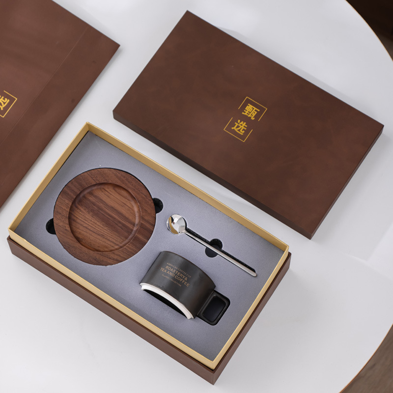 Negro óxido + soporte de Copa de madera de nuez nueva + cuchara de acero con bolsa de caja de regalo nueva