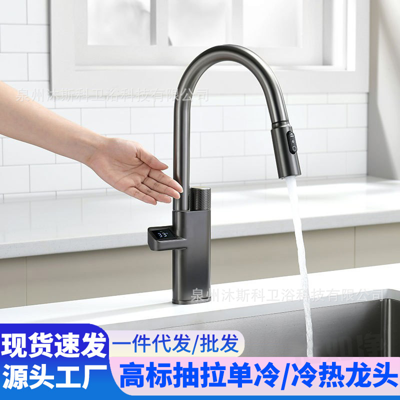 Grifo de Cocina Extraíble con Pantalla Digital de Acero Inoxidable Giratorio Universal para Agua Fría y Caliente