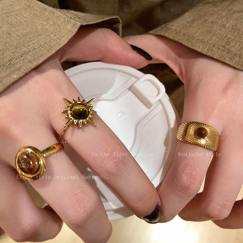 Golden Sunflower Tiger Eye Stone Ring Women's 2025 New Hot Style High-End Ring Niche Design Unique Ring