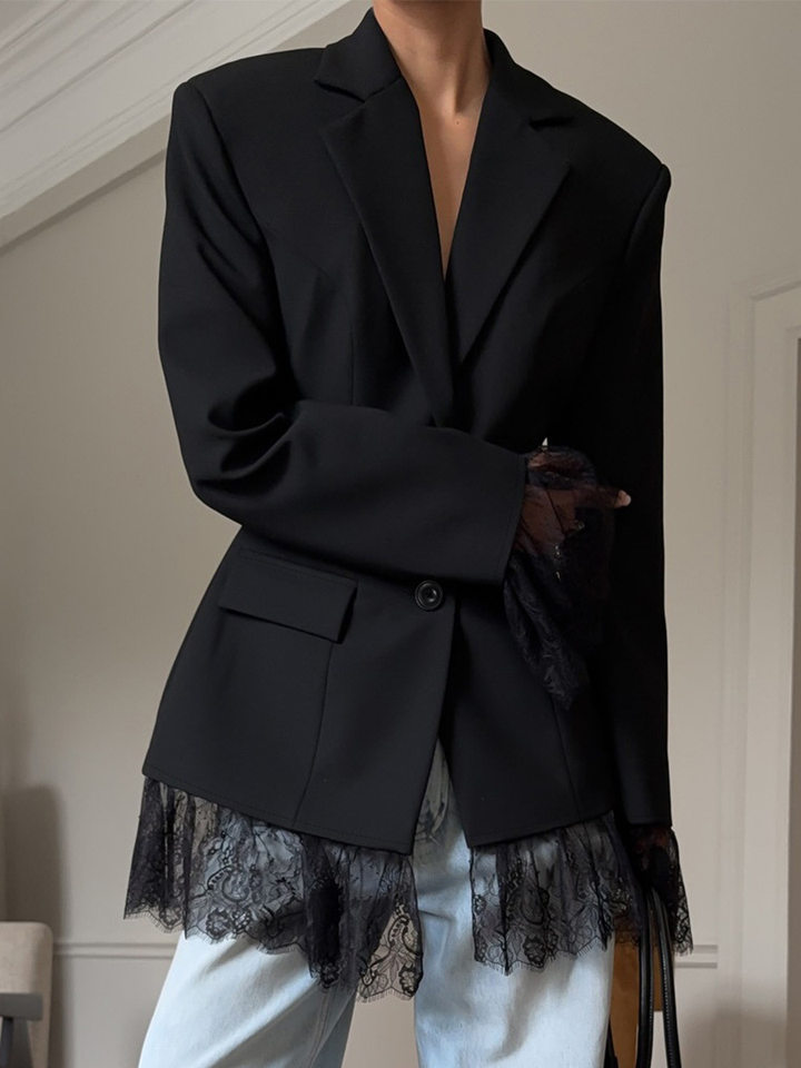 Áo blazer nữ phối ren chiết eo dáng trung bình tay dài cổ vest một hàng cúc — Màu trắng, màu đen chi tiết 21