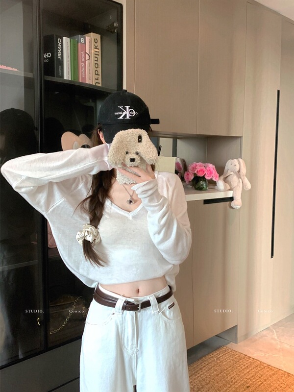 薄款慵懒风V领长袖针织T恤女秋季新款韩版宽松显瘦百搭防晒衫上衣|undefined