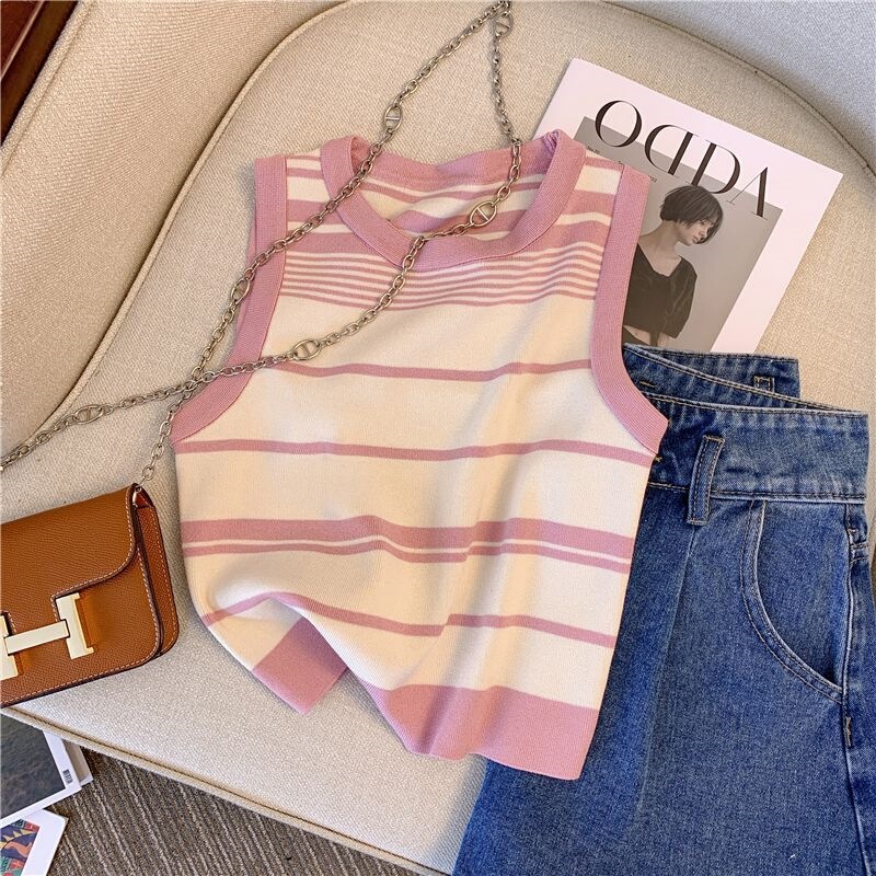 Sweet Korean-Style Short High-Waisted Cropped Knit Vest, Youthful and Beautiful Sleeveless Striped Top for Summer