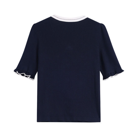 Designed V-Neck Bow Short-Sleeved Navy Blue Knitwear for Women 2025 Summer New Small Ice Silk Top