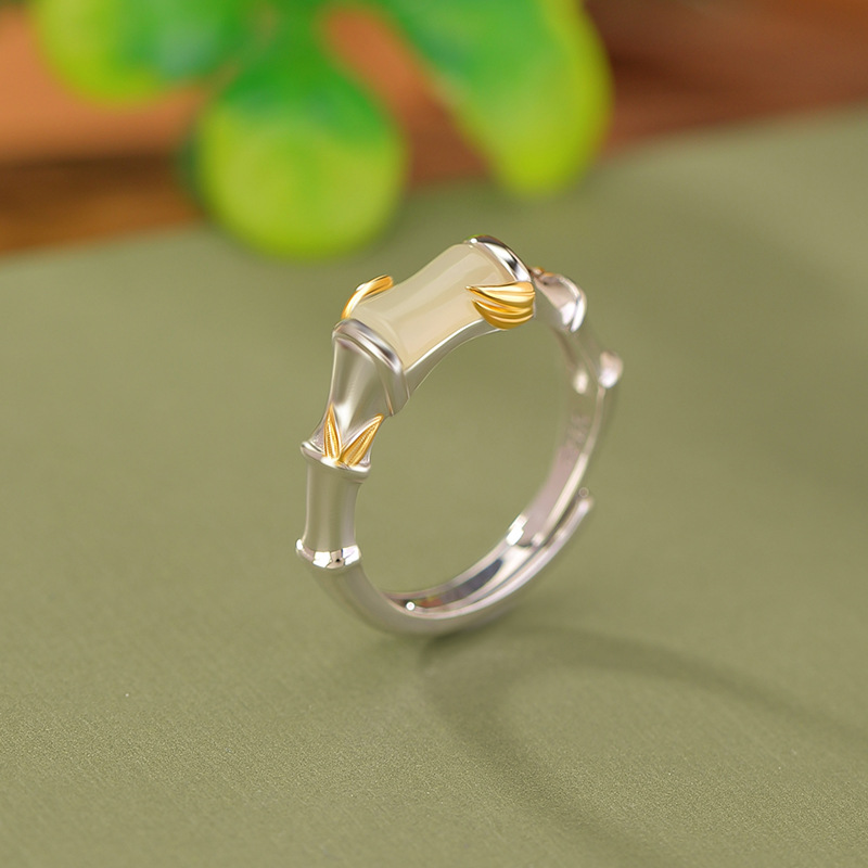 Nhẫn bạc S925 mạ vàng ngọc Hetian cổ điển họa tiết lá tre, khớp mở điều chỉnh — Mở một size