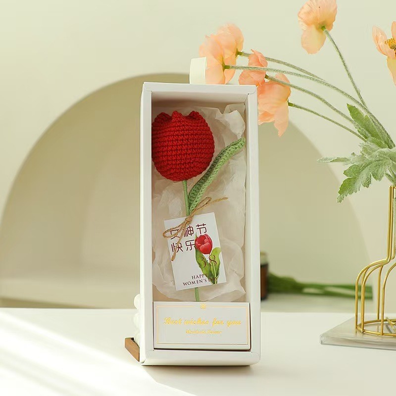 高級ギフトボックス入り毛糸の花完成品、ひまわり、バラ、チューリップ、手編みの花、造花、越境販売|undefined
