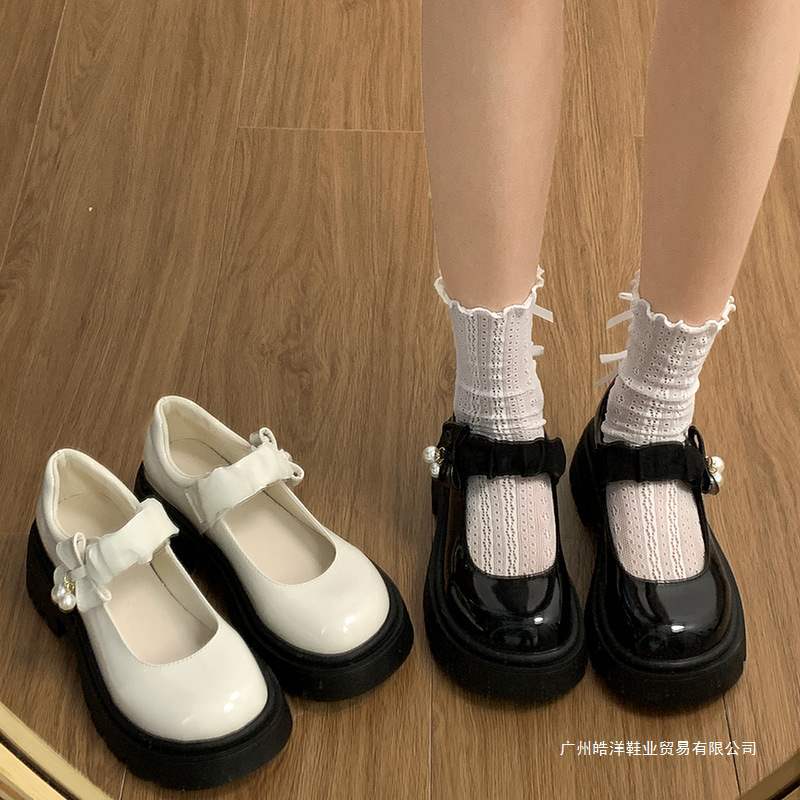 Black French Thick-Soled Mary Jane Small Leather Shoes for Women 2025 New Spring Style with Skirt Round Toe Pearl Thick Heel Shoes