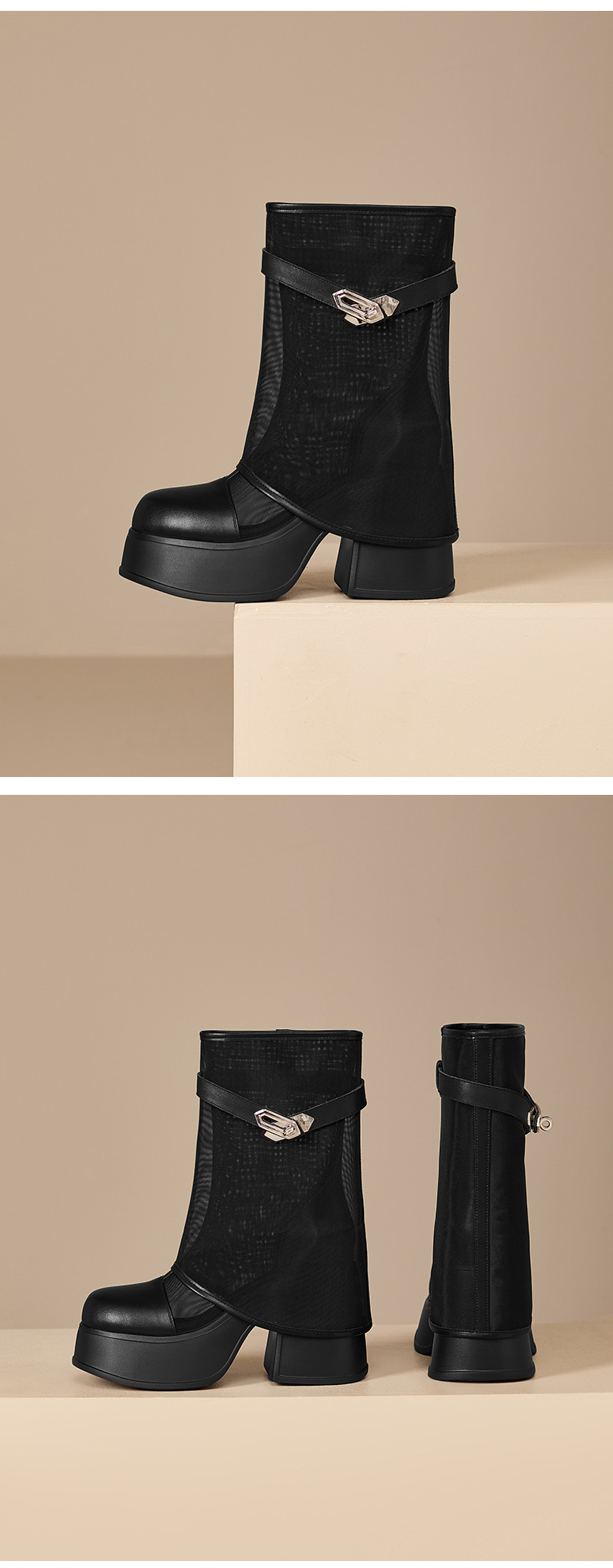 Boot nữ cổ cao ôm bắp chân đế dày 10 cm, lưới thoáng khí, khóa kim loại — màu đen, màu trắng chi tiết 14