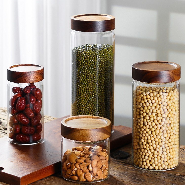 Acacia Wood Glass Storage Jar for Flower Tea and Grains, Sealed Jar, Food-Grade Glass Bottle, Storage Jar for Beans