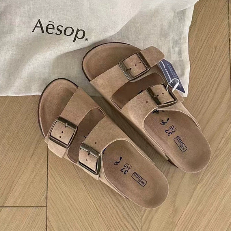 Сандалии из коровьей кожи Sangpo с пробковой подошвой Birkenstock лето 2025 новые шлепанцы и тапочки для мужчин и женщин с толстой подошвой ленивые шлепанцы Birkenstock с двумя ремешками