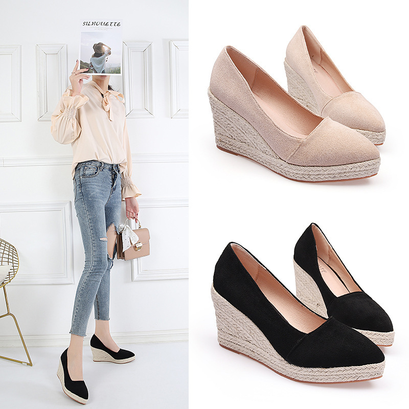 AliExpress Wedge Shoes Women's 2021 Spring and Autumn New Shallow Mouth Pointed Thick High-heeled Shoes Work Shoes Thick Heel Straw