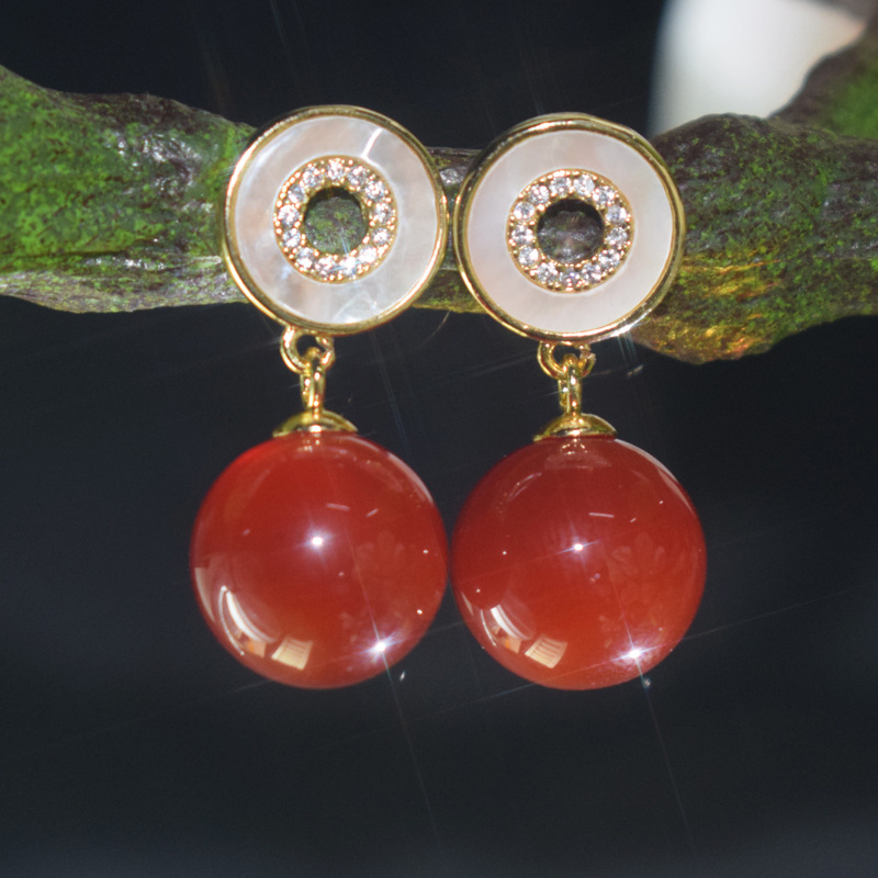 (2개) 하이 퀄리티 라운드 천연 녹색 CHALCEDONY 귀걸이 조커 클래식 녹색 CHALCEDONY 귀걸이 공장 도매 패션 새로운