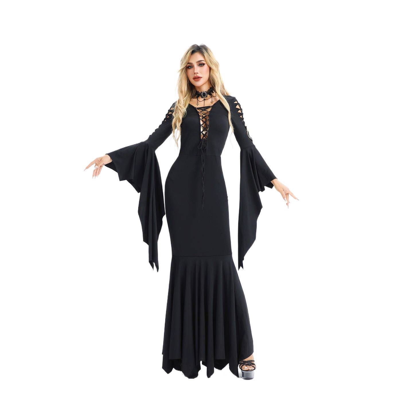 Halloween Costume Bat Vampire Gothic Style European And American Retro Medieval Witch Long Sleeve Dress_voghion.com