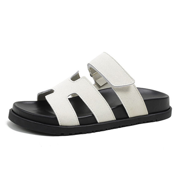 Dép sandal nữ quai ngang một dây đế bằng dày, mũi tròn, đi ngoài trời — Màu trắng, Màu đen, Xanh denim phối nâu, Xanh mực ghép Hồng