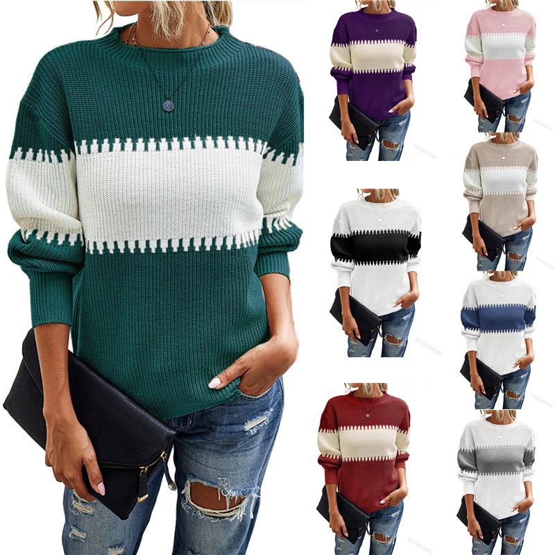 In-Stock Amazon European and American Style Color-Block Striped Pullover Sweater for Women with Lantern Sleeves, Round Neck, European and American Style In-Stock Amazon European and American Style Color-Block Striped Pullover Sweater for Women with Lantern Sleeves, Round Neck, European and American Style