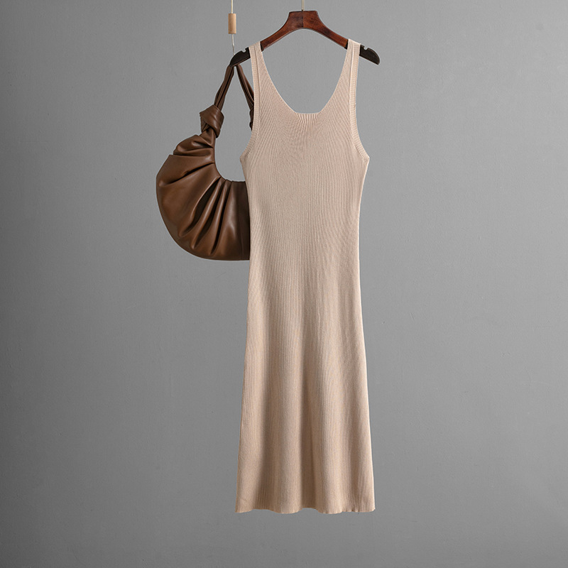 Sexy Knitted Sling Dress Summer Solid Color Back Slit Sheath Maxi Dress