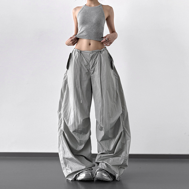 Silver Cargo Pants for Women 2025 New Style Loose High-Waisted Drawstring High Street American Casual Extended Wide-Leg Pants Thin Style Silver Cargo Pants for Women 2025 New Style Loose High-Waisted Drawstring High Street American Casual Extended Wide-Leg Pants Thin Style