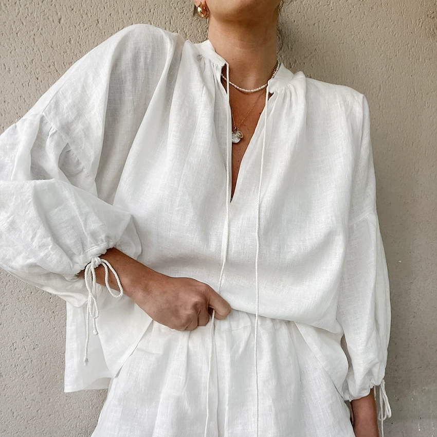 Summer Two-Piece Set, Cotton-Linen V-Neck Top & High-Waist Shorts, Women's S–XXL