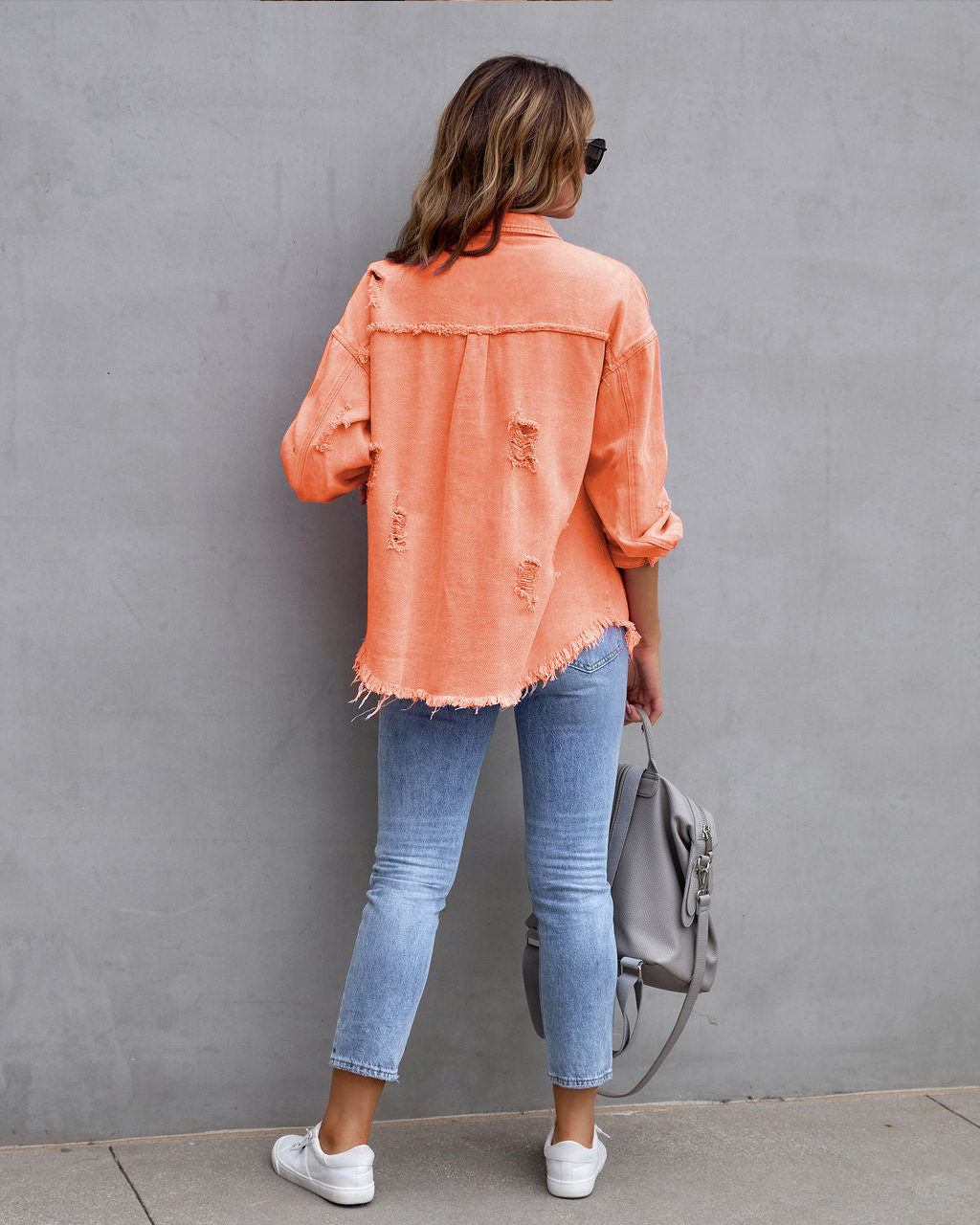 Giacca di jeans donna con volant strappata bavero manica lunga_voghion.com