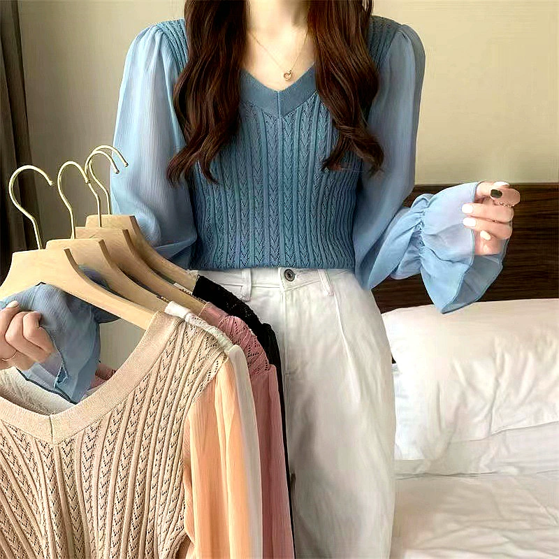 Свободная женская верхняя одежда в стиле ретро с v-образным вырезом на раннюю осень, новый короткий трикотаж с рукавами-колокольчиками, популярный топ, трикотаж