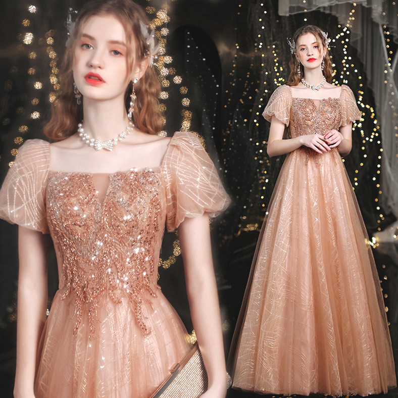Golden Puff Sleeve Dress for Women 2026 New Style Banquet Performance Choir Stage Performance Wedding Dress Beautiful Evening Dress