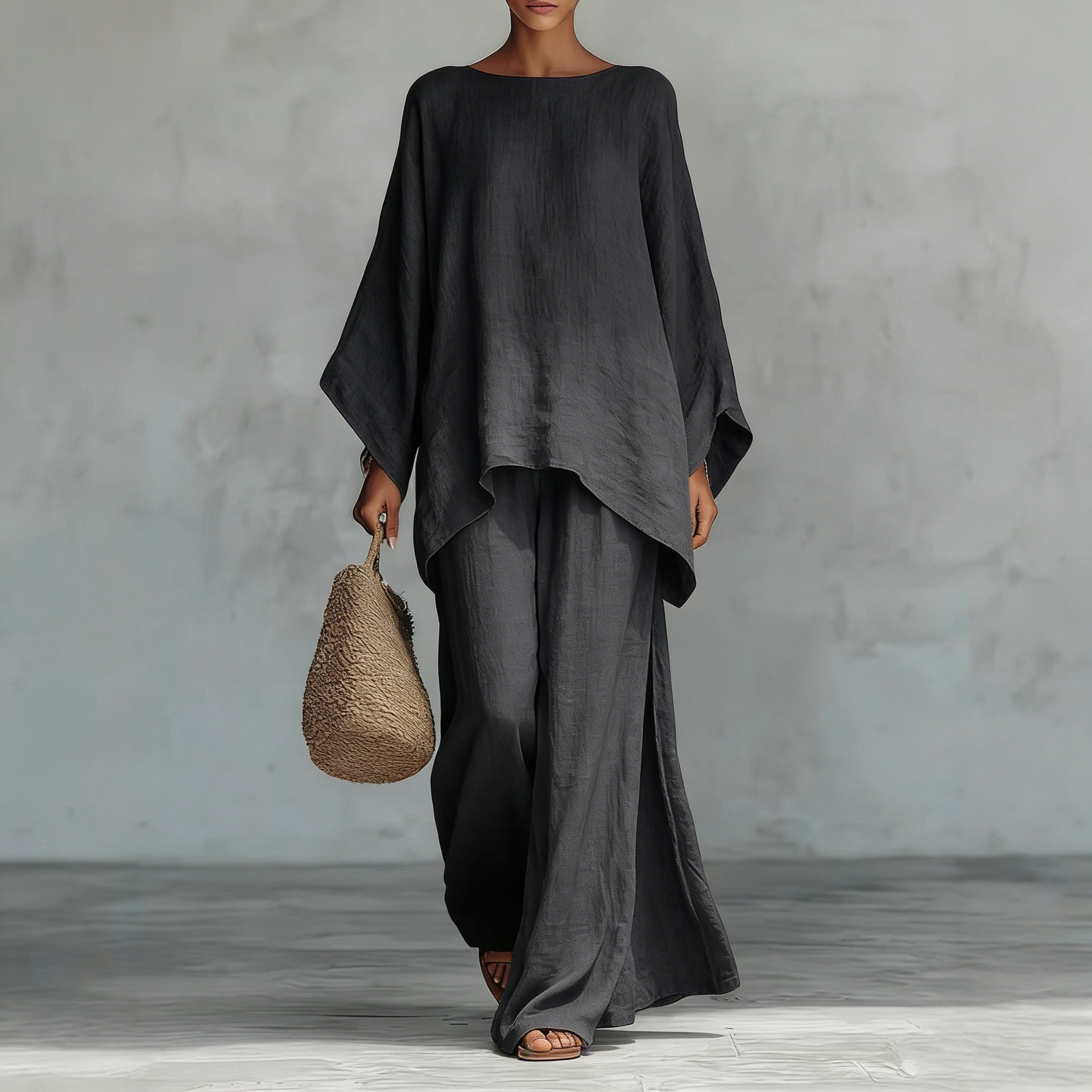 Breathable Linen-Blend Batwing Sleeve Shirt And Wide-Leg Pants Set For Women, Comfortable Office To Casual Wear, Available In Multiple Colors_ecoleips.com