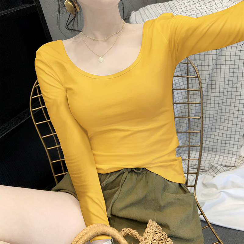 Design Sense Long-sleeved Cotton T-shirt Women's Slim-fit Round Neck Slimming Clavicle Low Collar Inner Top Base Shirt