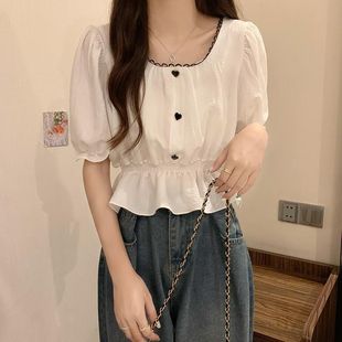 2024 Summer Sweet Square Collar Chiffon Shirt Women's New Gentle Style Niche Design White Short Top for Summer