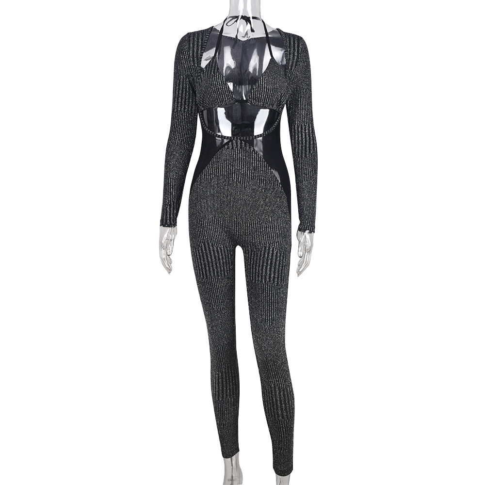 Autumn Winter Chest Wrapped Two Piece Set Lace up Cutout Nylon Long Sleeve Jumpsuit High Elastic Women Clothing