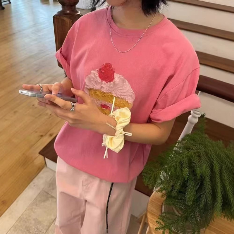 Summer Retro American-Style Cake Print Trendy T-Shirt Versatile Niche Ins Pure Cotton Couple Loose Short-Sleeve Top for Women
