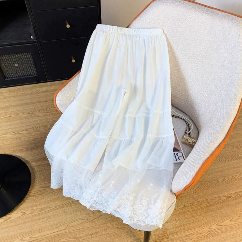 Japanese-style lace-trimmed wide-leg pants for women, summer design, unique patchwork, loose straight-leg casual inner-layer skirt-pants
