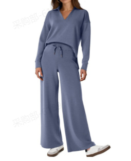 Women's Tracksuit Sports Suit V-neck Long-sleeved Pullover Top And Drawstring Straight-leg Trousers Casual Solid Trousers Set