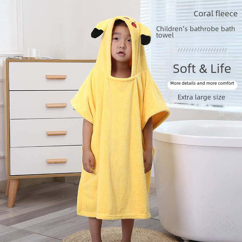 Coral Fleece Children's Bath Robe and Towel with Yellow Duck and Pikachu 3D Design, Wearable Bath Towel Cape