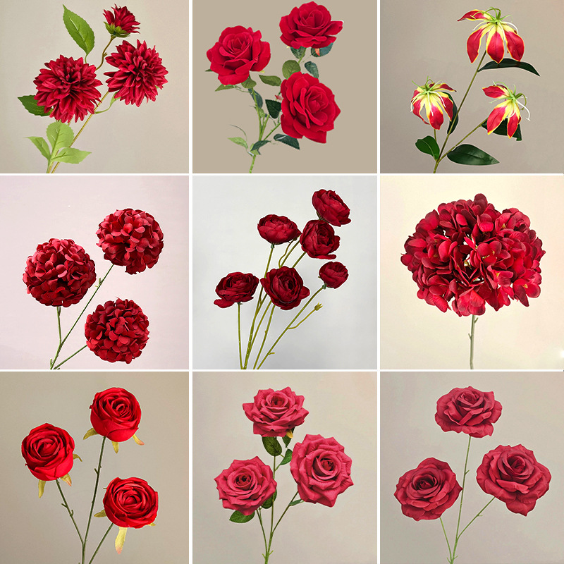 红色仿真花花束场景布置红色假花婚庆用花玫瑰花绣球花仿真花批发