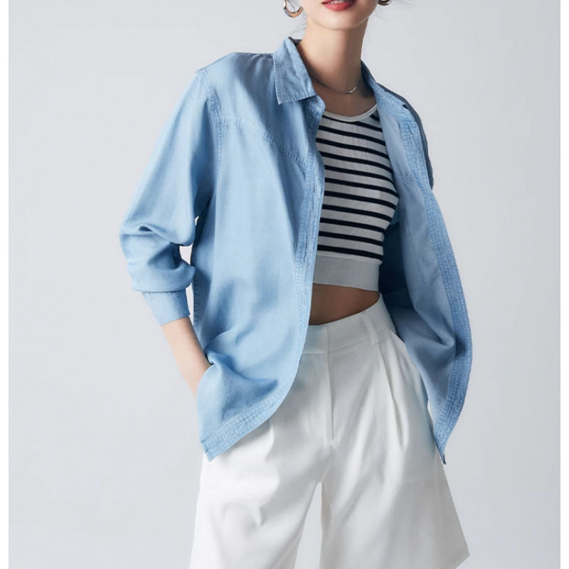 Chumian All-Cotton Sun-Protective Denim Shirt for Women, Summer Slightly Oversized Shirt, Drapey Top, Loose Fit, Slimming Effect Chumian All-Cotton Sun-Protective Denim Shirt for Women, Summer Slightly Oversized Shirt, Drapey Top, Loose Fit, Slimming Effect