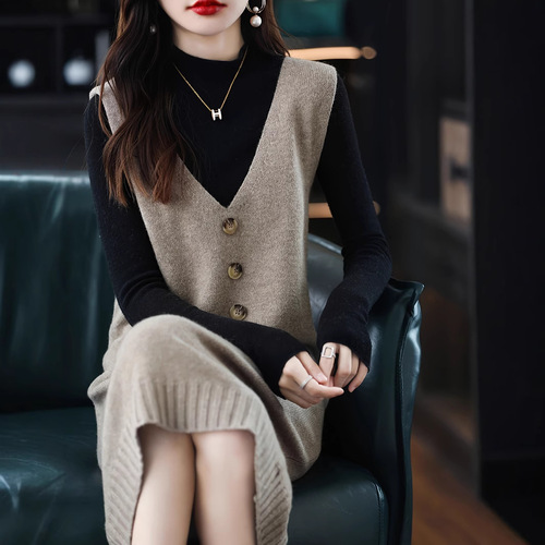 【Western and Eastern Code】Cross-border Knitted Women's Spring and Autumn New Style Vests, Tulle Dresses, Medium-length Backless Dresses