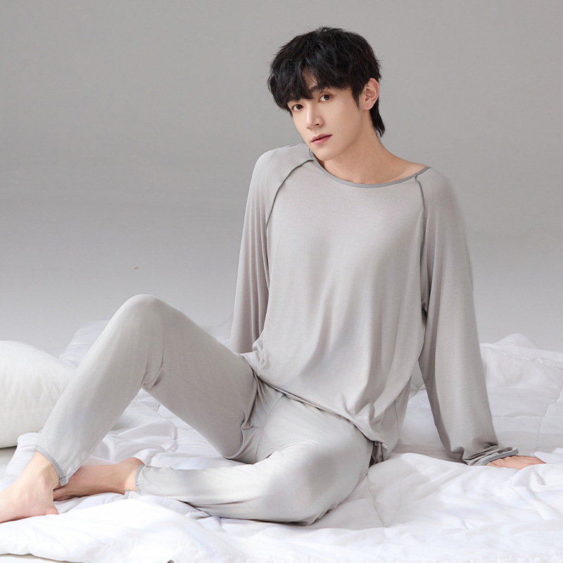 Pijamas modales para hombres primavera y otoño pantalones largos de mangas largas sueltos de tamaño grande verano para hombres simple set de ropa de casa gris