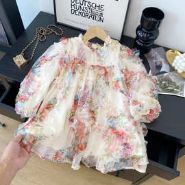 女童连衣裙春秋季新款韩版洋气女孩宝宝泡泡袖立体花仙子公主裙