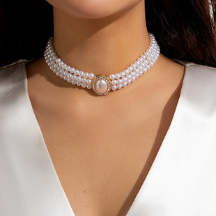 European and American Cross-border Jewelry French Elegant Multi-layer Imitation Pearl Necklace Elegant Light Luxury Beaded Round Pendant Necklace