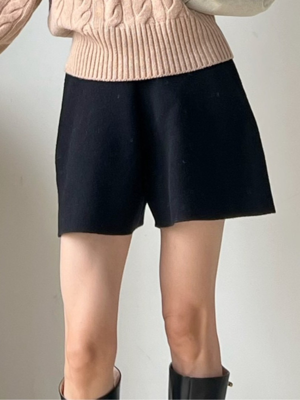 25 New Autumn and Winter Wool and Cashmere Blended Elastic Elastic Waist A-Line Versatile Knitted Shorts