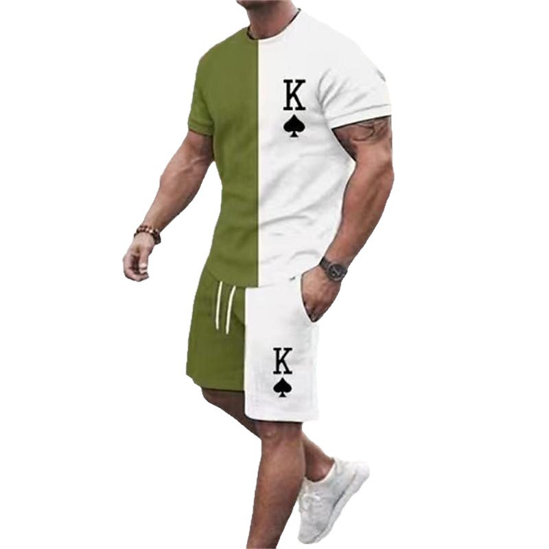 Comercio exterior europeo y americano verano nuevo estilo moda hombre simple impresión 3D a juego de color camiseta de manga corta traje de 2 piezas para hombre al por mayor