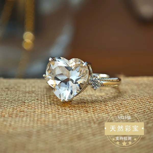 S925 Sterling Silver Inlaid Natural White Crystal Heart Ring Accessible Luxury Niche Open Ring Cross-Border Hot Style Wholesale