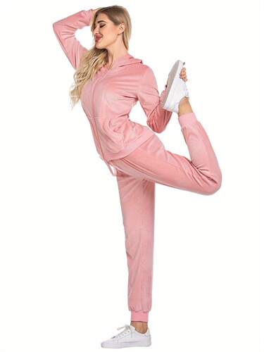 Womens Casual Velvet Tracksuit Set Full Zipper Hoodie Long